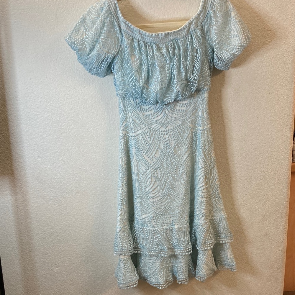 Tadashi Shoji sky Blue Lace Midi prom wedding Dress puff sleeves romantic